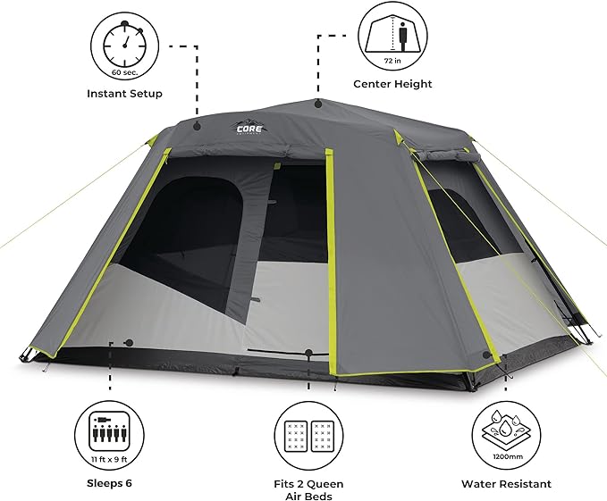 CORE Instant Cabin Tents | 6 Person / 9 Person / 10 Person / 12 Person Family Cabin Multi Room Pop Up Tents Car Camping | Included Storage Pockets for Camping Accessories