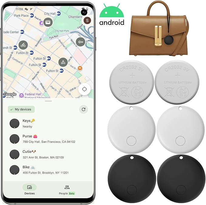 Android Air Tracker 4 Pack, Bluetooth Tracker for Android, Works with Google Find My Device App, Smart Item Locator for Keys, Wallet, Luggage, Bags - 2 White & 2 Black, Includes 2 CR2032 Batteries