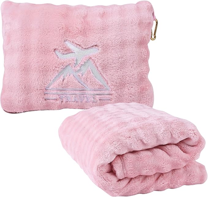 Travel Blanket and Pillow-2-in-1, Ultra-Soft&Compact, One-Piece Airplane Blanket with Hand Luggage Belt and Backpack Clip,Travelers Accessories Gifts, 61x43 Inches (Pink)