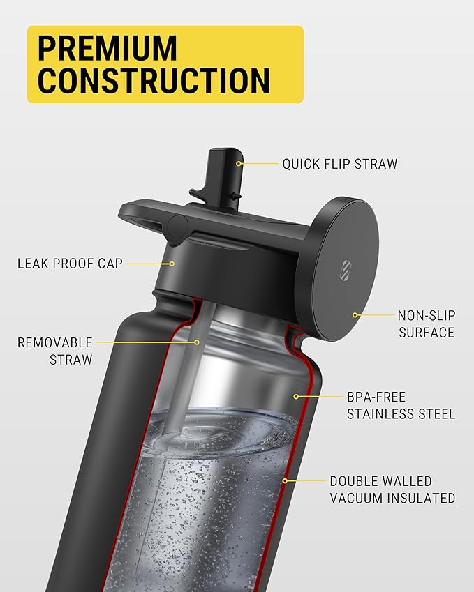 Scosche MFMS32 MagicMount Flask 32 oz Stainless Steel Water Bottle with MagSafe Phone Mount Stand, 12H Hot & 24H Cold, Insulated Flask with Magnetic Phone Holder for Gym, Travel, Sports, 32oz Black