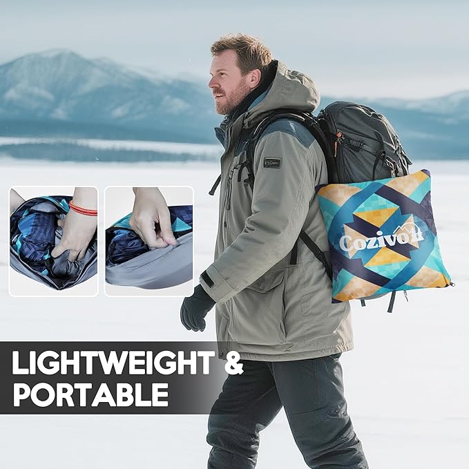 Camping Blanket, 2-in-1 Wearable Puffy Camping Blanket with Hood & Snap Buttons Waterproof Lightweight Travel Blanket Converts to Pillow for Backpacking, Beach, Picnics, Stadium(Kaleidoscope)