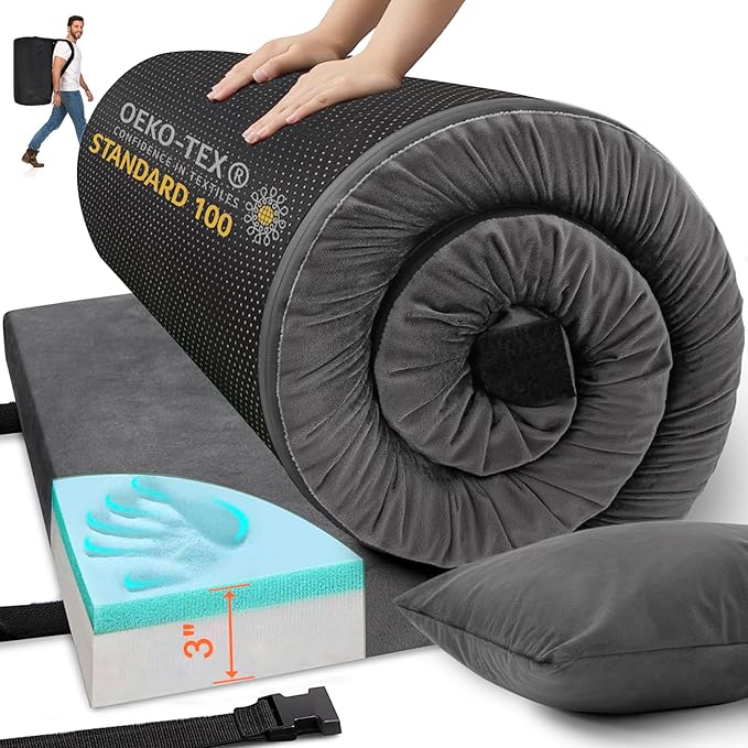 Memory Foam Camping Mattress Sleeping Pad, 3" Thick Waterproof Portable Roll Up Sleeping Mats & Floor Mattress Pad with Pillow + Travel Bag for Camping Car Truck SUV Tent Sleepover Kids Adult