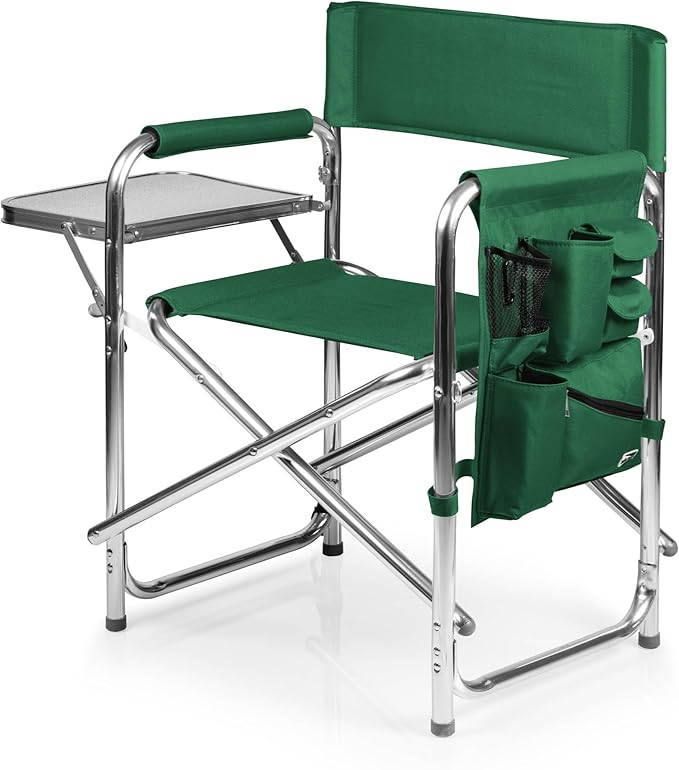 PICNIC TIME Sports Chair with Side Table, Outdoor Foldable Padded Adult Camping Chairs with Cup and Accessory Panel for Lawn, Beach, & Sports Use for Adults, up to 300-lbs Capacity, (Hunter Green)