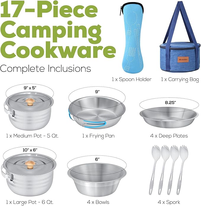 WEALERS Camping Cookware & Dinnerware Set- 17 Pieces Stainless Steel Pots and Pans Set with Plates, Bowls & Sporks in Travel Mesh Bag for Camping, Trekking, Backyard Picnic & Backpacking Gear