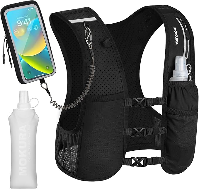 MOKURA Running Vest for Women Men, Adjustable Reflective Running Hydration Vest with 500mL Soft Flask and Phone Holder, Lightweight Water Bottle Vest for Marathon Trail, Hiking, Racing
