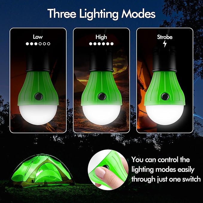 Portable LED Tent Lamp, Clip Hook Hurricane Emergency Light Bulb, Camping Equipment Lanterns for Hiking, Backpacking Outage, B-CLOSED-HOOK, 4 Packs
