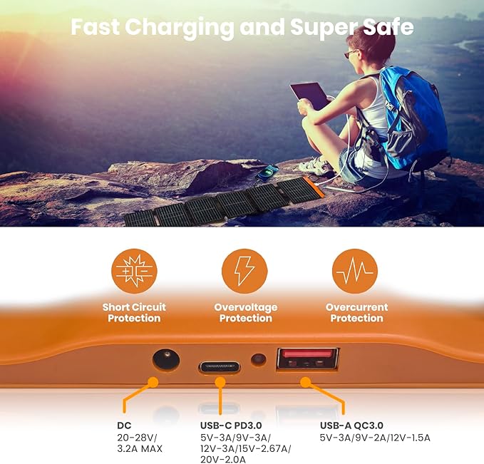 FlexSolar 60W Foldable Solar Panel, Portable Solar Charger with USB-C/USB-A QC3.0/DC 20-28V Port, IP67 Waterproof Solar Panel for RV Camping Backpacking Compatible with Phone Small Power Station