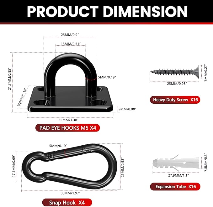 sprookber 304 Stainless Steel Pad Eye Snap Hooks, M5 Heavy Duty Ceiling Hooks, 500 lb Capacity Hammock Swing Hanging kit, Plant Hangers, Marine Hardware Staple Hook Loop with Screws, Set of 8(Black)