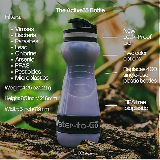 Water Filter Bottle for Hiking - 18.5oz/55cl Compact Outdoor Water Purifier for Backpacking - Eco-Friendly Bioplastic, Leakproof, Small Size