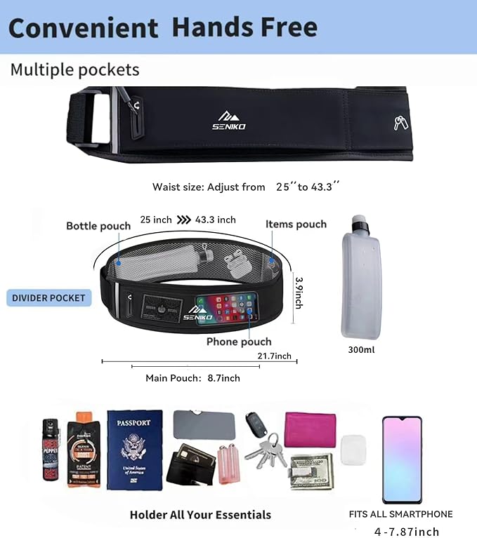SENIKO Running Belt Hydration with Bottles,Fanny Pack Water Bottle Holder, Zipper Waist Pouch Fits Most phones,Zerobounce Design for Cycling Climbing Marathon (upgradation)