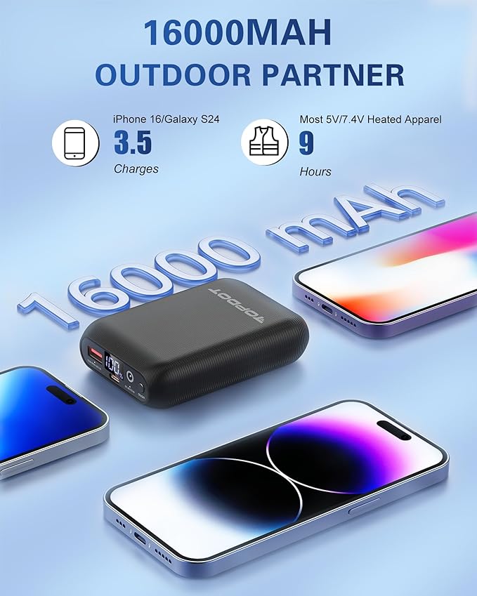 𝟕.𝟒𝐕 𝟏𝟔𝟎𝟎𝟎𝐦𝐀𝐡 Heated Vest Battery Pack Compatible with ORORO and Venustas, NORSENN, Portable Power Bank with LED Display for 𝟓𝐕 USB heated Vests Jacket Camping Chair Blanket(NOT for 12V）