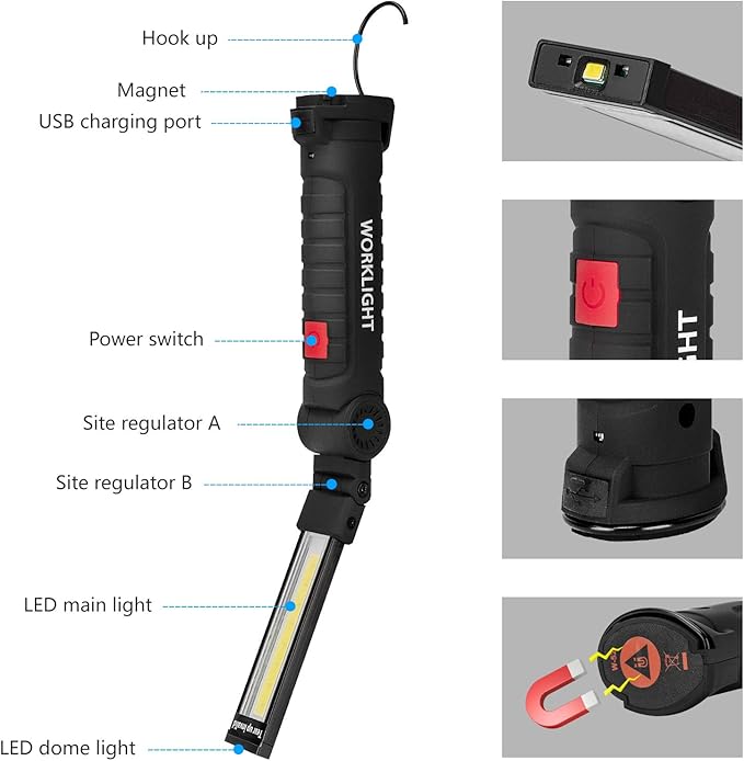 Gifts for Men 3Pack LED Flashlight, Rechargeable Work Lights with Magnetic Base Hook 360°Rotate and 5 Modes Bright LED Flashlight Inspection Light for Car Repair, Grill and Outdoor Use