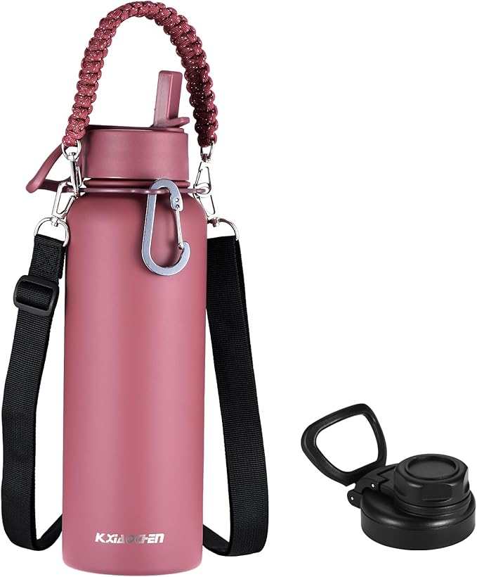 KXIAOCHEN Insulated Water Bottle, Stainless Steel Water Bottle, 2 Lids (Straw and Handle Lid),Wide Mouth Metal Water Bottles Keep Hot and Cold, Double Walled, Thermo Mug, Metal Canteen