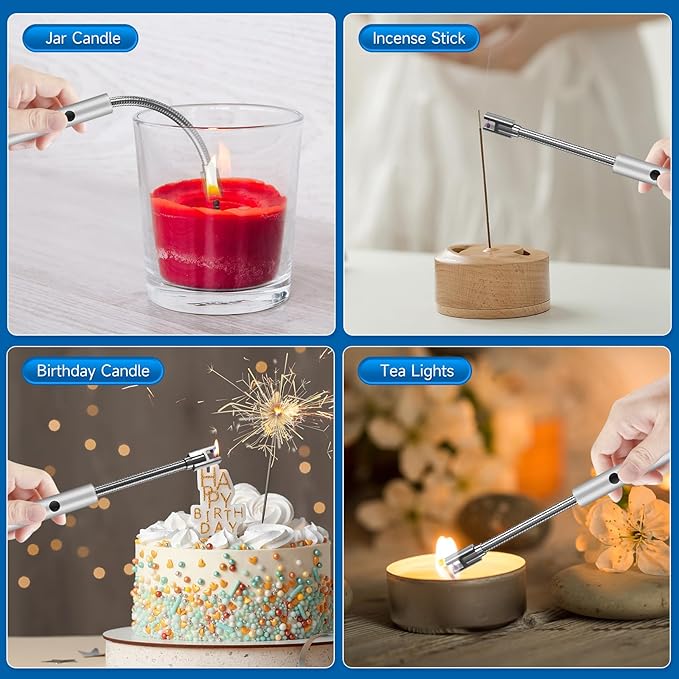 2 Pack Electric Candle Lighter Flameless Arc Windproof Flexible Long Neck USB Rechargeable Lighter for BBQ Grill Fireworks Camping.(Silver)