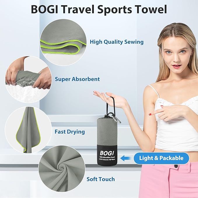 BOGI Microfiber Travel Sports Towel-Quick Dry, Soft Lightweight, Absorbent, Compact for Camping, Gym, Yoga, Swimming, Backpacking (XL:72''x32''+16''x16''-Grey)