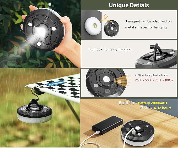 Camping String Lights | Rechargeable 4 in 1 Quick Storage 32.8FT Tent Lights with 8 Modes | Hanging Waterproof LED Lamp for Outdoor Patio Garden Party | Christmas Holiday Decor - Camping Gear