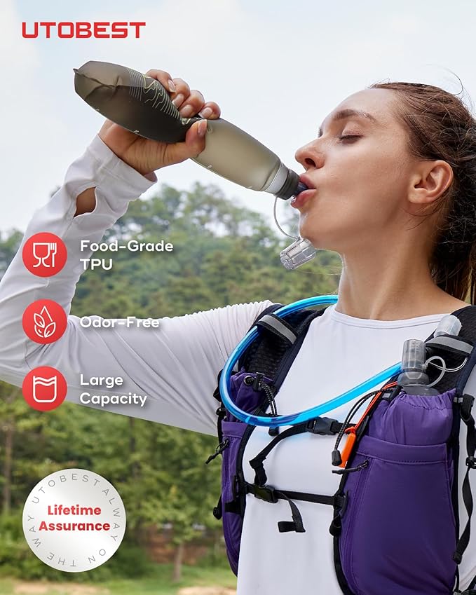 UTOBEST 500ml Soft Flask, 2 Pack Flexible TPU Hydration Water Bottle, Collapsible with 28mm Caliber for Running, Hiking, Cycling, Climbing, and Marathon Green