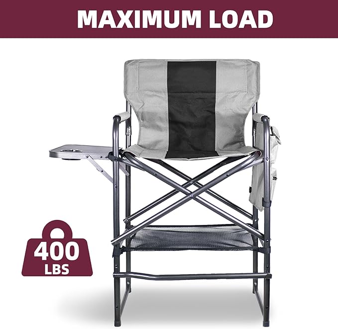 30" Tall Directors Chair with Side Table, 400LBS Bar Height Folding Camping Chair for Makeup Artists, Outdoor Events, Portable Foldable Chair with Cup Holder & footrest - Gray/Black