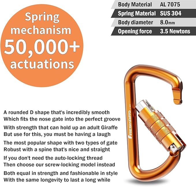 FresKaro 3inch 12kN-2698lbs Auto Locking Carabiner Clips, Solid D Shape, Heavy Duty 7075 Aluminum, Lightweight 1.09oz, Rust Proof, for Hammock, Hiking, Dog Leash, Keychain etc., Multi-Colors