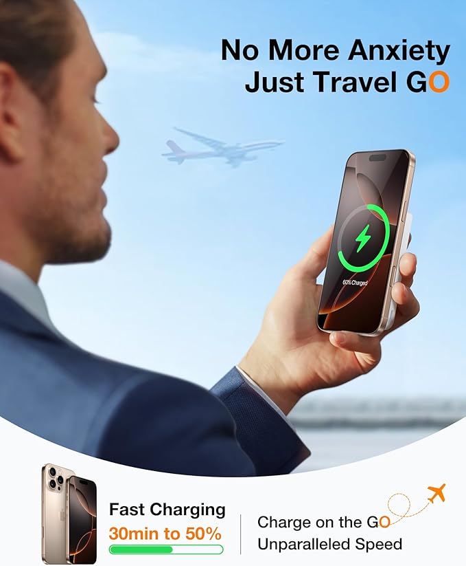 TORRAS EasyGo 10000mAh Magnetic Portable Charger Power Bank for iPhone, Fast Charging Travel Essential Wireless Battery Pack with Stand Compatible with Magsafe, 17 Pro Max,Pro,16,15,14,13,12, Whilte