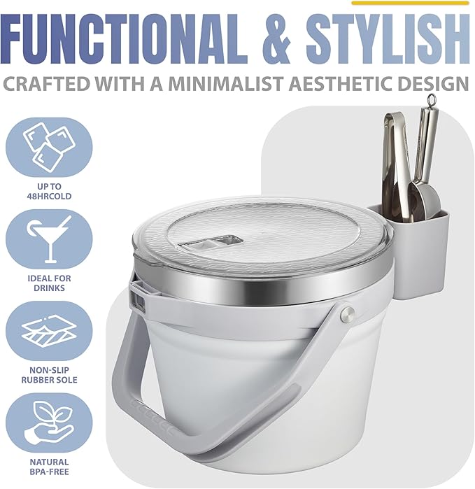 COKTIK 7L Vacuum Insulated Ice Bucket with Lid and Scoop& Tongs，Large capacity Stainless Steel Beverage Bucket for Cocktail, Champagne, Wine, Beer，Large Parties（Milk White Suit）