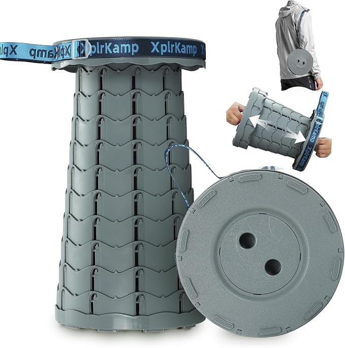 Retractable Folding Stool - Heavy Duty 400 lb Collapsible Portable Stool for Camping, Hiking, Fishing, Indoor/Outdoor with Non-Slip Base and Lightweight Design (Grey, 1-Pack)