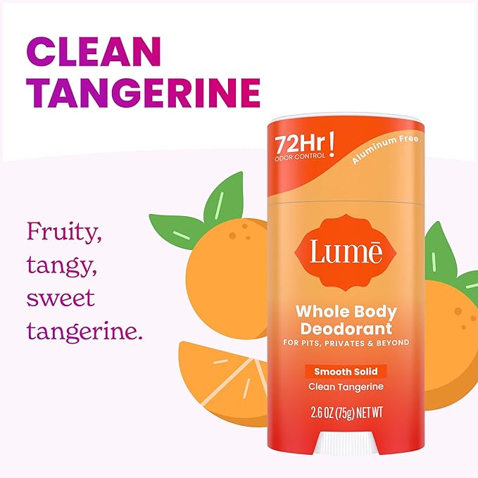 Lume Skin Care Gift Set for Women, Whole Body Deodorant Starter Pack -Smooth Solid Stick, Invisible Cream Tube, Acidified Body Wash Mini & Deodorant Wipes -Aluminum Free Odor Control (Clean Tangerine)
