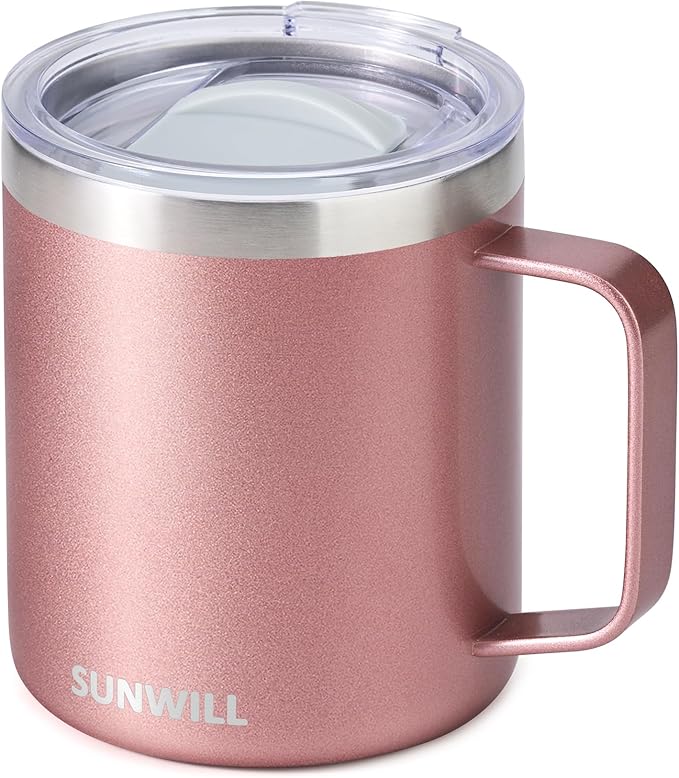 SUNWILL Travel Coffee Mug with Lid, Insulated Tumbler with Handle, 14 oz Stainless Steel Cup for Ice, Water, Tea, Rose Gold