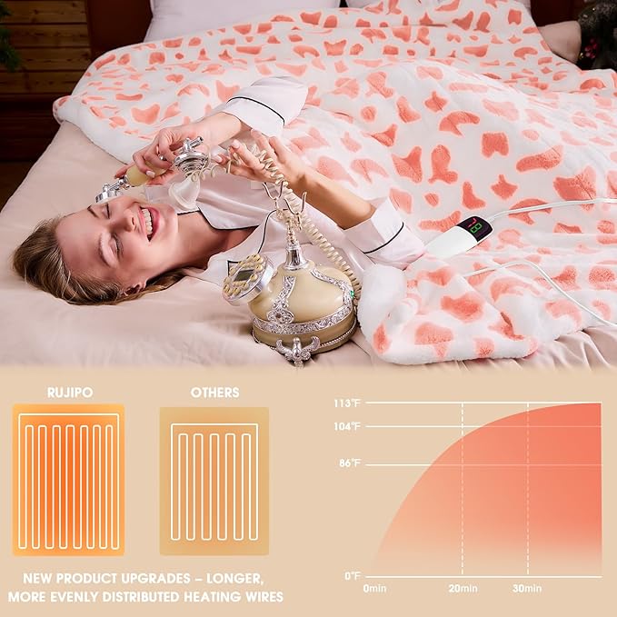 Cow Print Heated Electric Blanket Twin,62X84 Pink Heating Blanket with 10 Heats Levels & 8 Hours Auto Off,Cute Cow Decor Fleece Sherpa Blankets Warmer Gifts for Women Couch Office,Washable,ETL