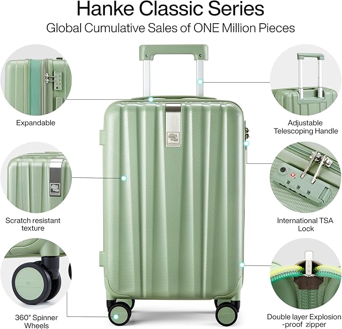 Hanke Expandable Hardshell Luggage Sets 3 piece Carry on Luggage with Wheels Suitcases Lightweight Checked Travel Luggage Rolling Large Suitcase Travel Luggage Bag Woman Men 20/24/29Inch(Bamboo Green)