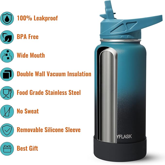 24oz Insulated Water Bottle with Straw, Stainless Steel Metal Vacuum Water Flask, Large Thermal Water bottle with Leakproof 3 Lids for Travel, Camping, Gym Sports Armygreen