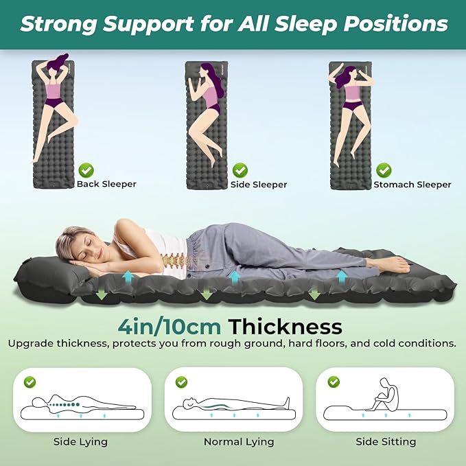 Sleeping Pad for Camping, 4in Thickness Inflatable Sleeping Mat with Adjustable Pillow & Built-in Foot Pump,Lightweight Camping Air Mattress with Waterproof Nylon for Hiking (Grey, Single)