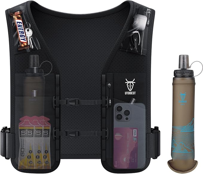 UTOBEST Running Vest for Women Men with 500ml/17oz Soft Water Bottle and LED Safety Light, 5L Phone Holder with Adjustable Belt & Ample Storage
