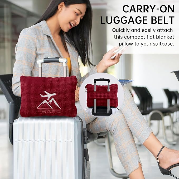 Travel Blanket and Pillow-2-in-1, Ultra-Soft&Compact, One-Piece Airplane Blanket with Hand Luggage Belt and Backpack Clip,Travelers Accessories Gifts, 61x43 Inches（Burgundy）