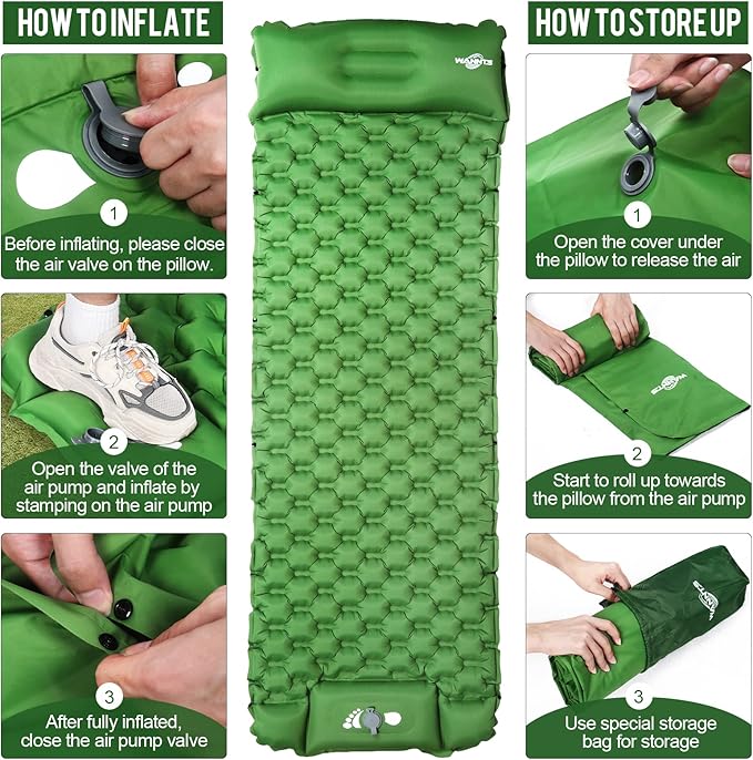 WANNTS Sleeping Pad, Ultralight Inflatable Sleeping Pad for Camping, Built-in Pump, Ultimate for Camping, Hiking - Airpad, Carry Bag, Repair Kit - Compact & Lightweight Camping Pad(Green)