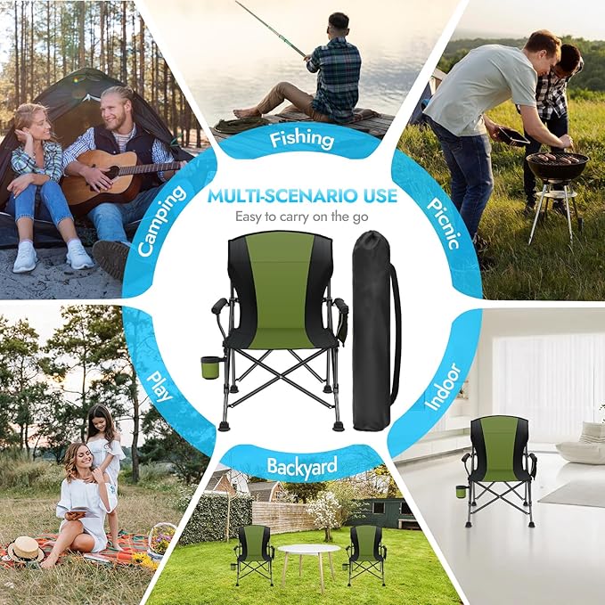 Oversized Folding Camping Chair for Adults, Supports 450 LBS Camping Chairs, Heavy Duty Camping Chair with Side Pockets, Foldable Outdoor Chair for Camping, Beach, Fishing, Hiking, Green-Black