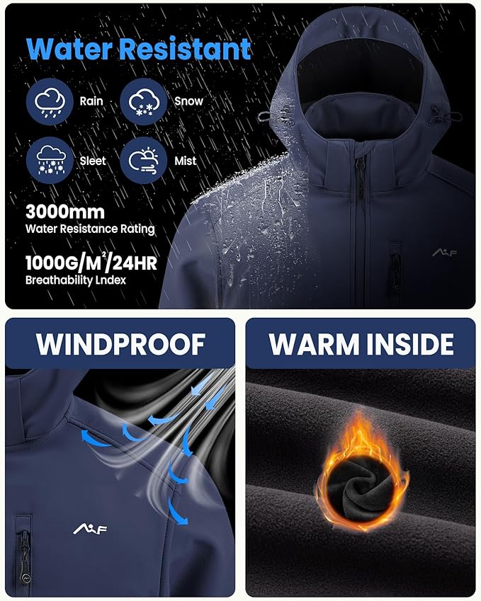 WULFUL Men's Softshell Jacket Waterproof Lightweight Insulated Windbreaker Fleece Lined Rain Shell Jacket for Hiking Travel