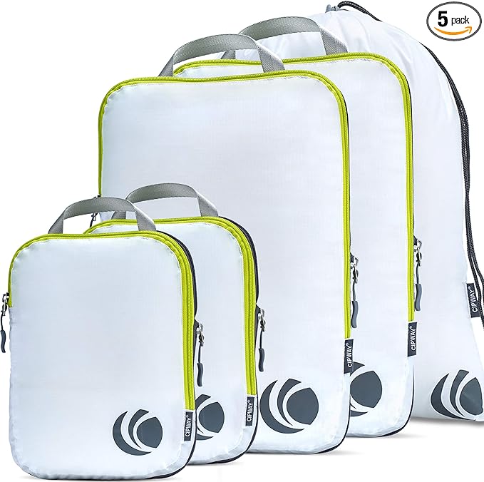 Cipway - 5 Set Compression Packing Cubes for Travel, Ultralight Packing Organizers for Luggage Suitcase & Backpack (White), L
