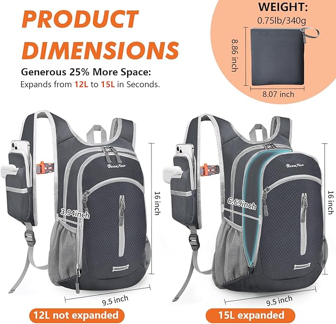 Seektop Small Hiking Backpack 12L to 15L Expandable Travel Packable Waterproof Daypack Lightweight Hiking Bag for Women Men