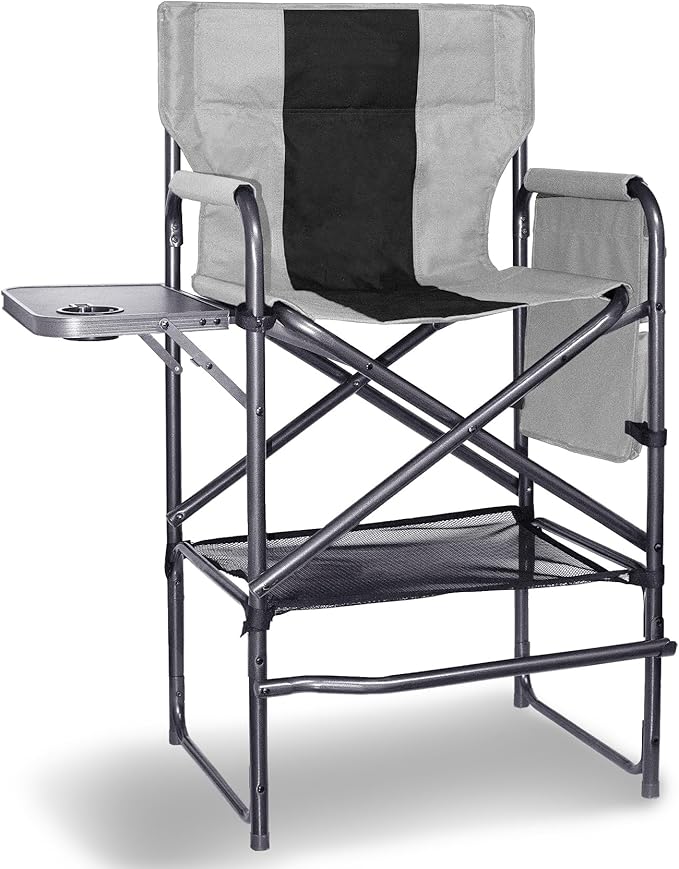 30" Tall Directors Chair with Side Table, 400LBS Bar Height Folding Camping Chair for Makeup Artists, Outdoor Events, Portable Foldable Chair with Cup Holder & footrest - Gray/Black