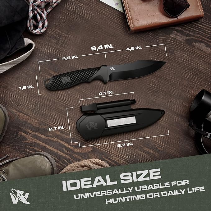 WOLF-III Full Tang Survival Knife with Fire Starter and Sheath - Stylish Tactical Fixed Blade - Made of D2 Steel - Bushcraft and Camping Knife - With Belt Loop, Plug Lock & Multi Lok