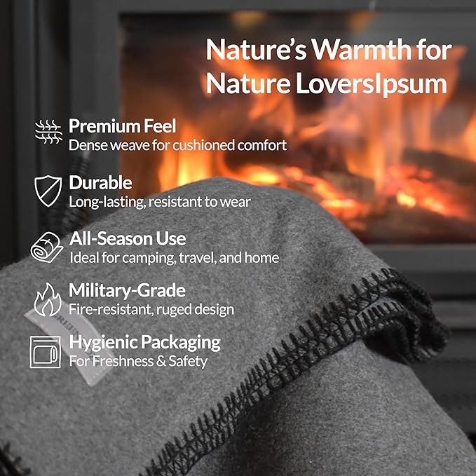 Military Style Wool Blanket – Cushioned, Breathable, Durable, Warm & Washable – Double-Stitched Border– Great for Camping, Outdoor, First Aid, Travel, Car, Fire-Resistant – 64"x90" 4.5lb (Olive Green)