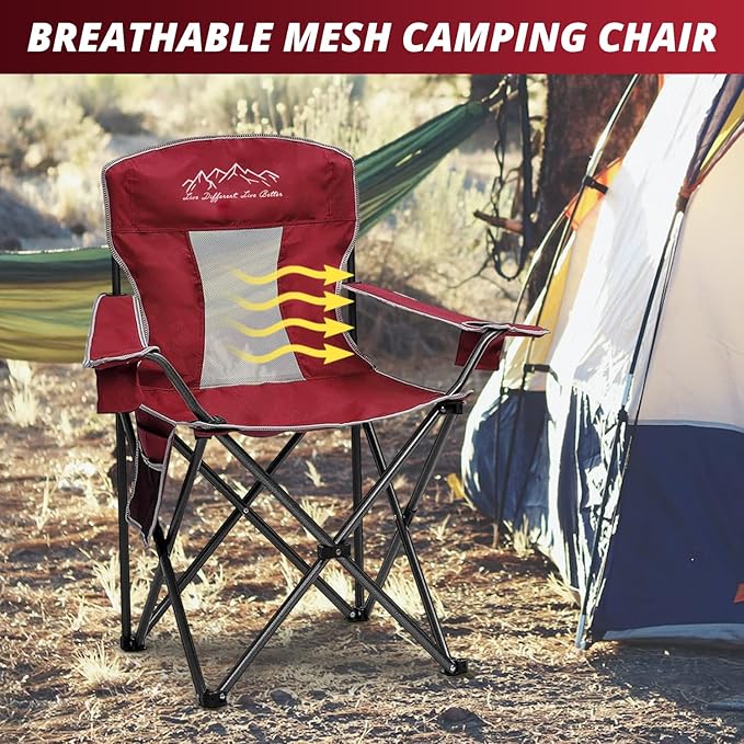 Mesh Folding Camping Chairs, Oversized Portable Outdoor Chairs, Weight Capacity 325 lbs with Cup Holder, Storage Pocket, Carry Bag Red