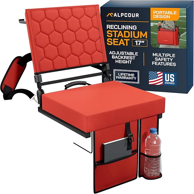 Folding Reclining Stadium Seats with Back Support for Bleachers, Bleacher Chairs with Back and Cushion Seating for Football, Camping Chair, Kayak Seat, Canoe, Paddle Board, Concerts, & Sports Events