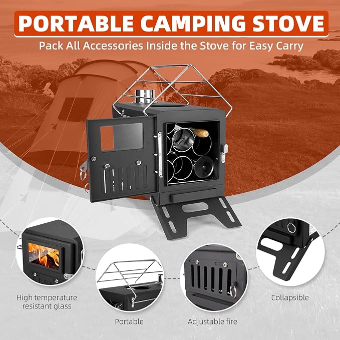 Camping Tent Stove – Portable Wood Burning Stove for Outdoor Camping, Hiking, Ice Fishing, and Hunting – Lightweight & Compact Design, Durable Stainless Steel Construction with Chimney Pipe