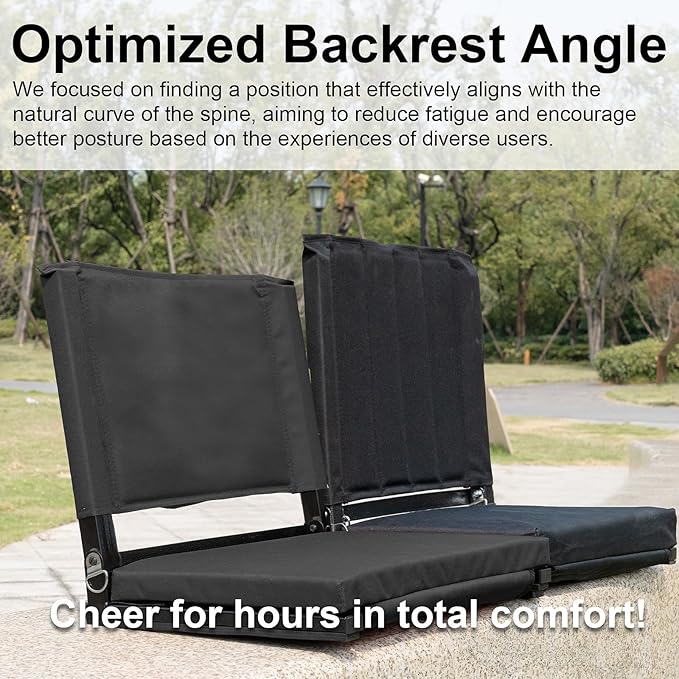 Stadium Seats with Back Support for Bleachers, Folding Bleacher Chairs with Back and Cushion, Padded Seat with Shoulder Strap, Large Mesh Pocket & Carry Handle, Black