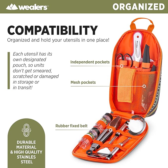 Camp Kitchen Cooking Utensil Set Travel Organizer Grill Accessories Portable Compact Gear for Backpacking BBQ Camping Hiking Travel Cookware Kit Water Resistant Case