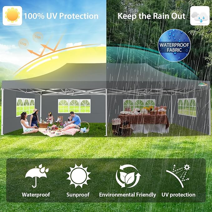 COBIZI 13x26 Pop up Canopy Tent 13x26 Canopy with 6 Sidewalls Waterproof Heavy Duty Commercial Canopy Tent for Parties Outdoor Tent Garden Gazebo Tent, Carry Bag with Wheel(13x26ft, Gray)