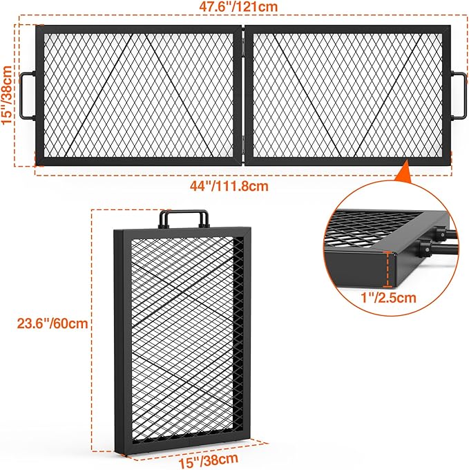 only fire Foldable X-Marks Fire Pit Cooking Grate, Portable Rectangle Campfire Grill Grate with Handles, Heavy Duty Steel Campfire BBQ Grill for Outdoor, 44 inch