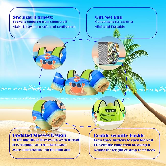 Elejolie Toddler Swim Vest for Child Learn Swiming Training,Infant Safety Swimmies Aid Jacket for Kids 2 3 4 5 6 Years Old,Arm Water Wings for Baby 22-66lbs